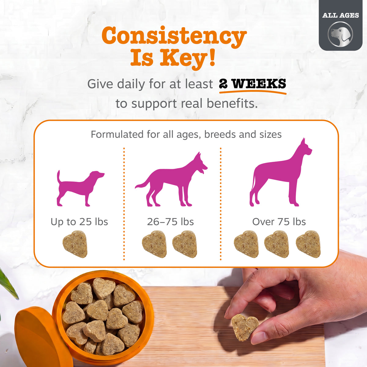 Brown heart-shaped dog treats in orange container with dosage guide showing serving sizes for dogs up to 25 lbs, 26-75 lbs, a
