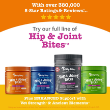 Four bottles of Zesty Paws Hip & Joint Bites dog supplements in orange, blue, gray, and green containers.