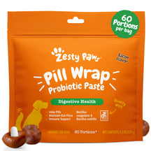 Orange resealable bag of Zesty Paw Pill Wrap Probiotic Paste for dogs with bacon flavor, 60 portions.