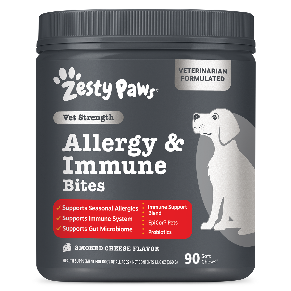 Zesty Paws Vet Strength Allergy & Immune Bites for dogs in smoked cheese flavor, 90 soft chews in gray container.