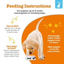 Feeding instructions graphic showing cream-colored puppy eating from bowl with mixing and dosage guidelines on orange backgro