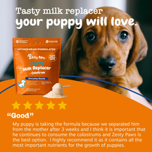 Orange Zesty Paws puppy milk replacer pouch with colostrum next to a measuring scoop and brown puppy.