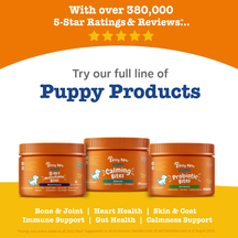 Three orange bottles of puppy supplements labeled Multivitamin Bites, Calming Bites, and Probiotic Bites on yellow background
