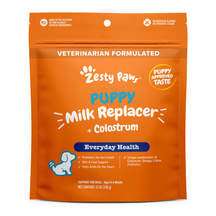 Orange pouch of Zesty Paw puppy milk replacer with colostrum, 12 oz, veterinarian formulated.