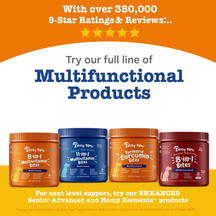 Four jars of Zesty Paws dog supplement bites in orange, blue, orange, and burgundy containers with white labels.