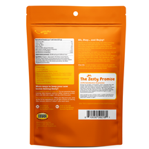 Orange resealable pouch of dog training treats with nutrition facts, ingredient list, and product information printed on back