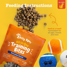 Brown training bites spilling from orange Zesty Paw bag on yellow background with dog toys.