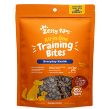 Orange Zesty Paw training bite treats package with peanut butter flavor and DHA support for dogs of all ages.