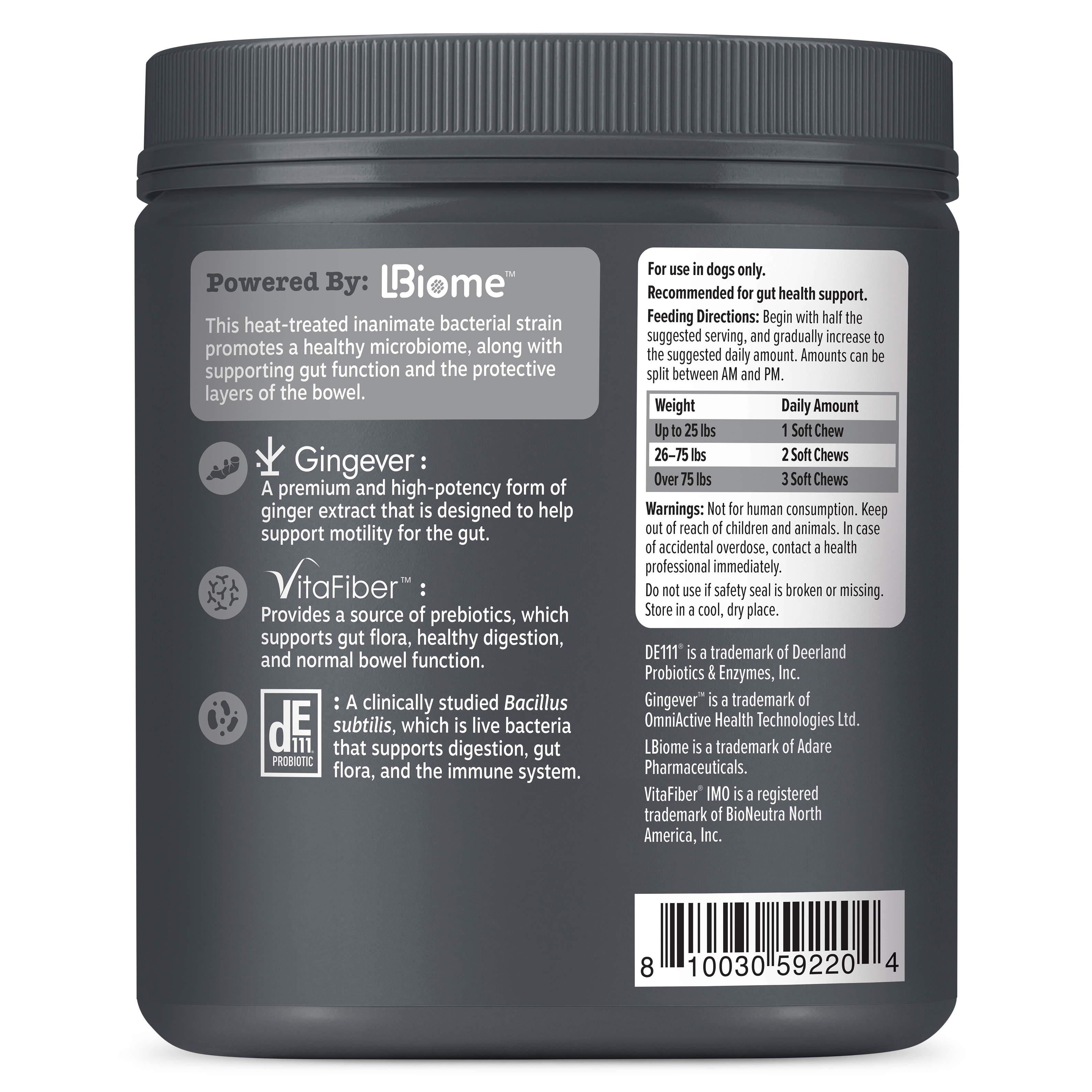 Back view of a dark gray Biome supplement jar with a black lid, showing product details, ingredients, usage directions, and a barcode on a white background.
