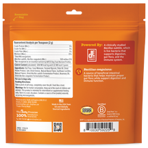 Orange resealable bag of probiotic paste for dogs with nutritional information and ingredient details printed on front.