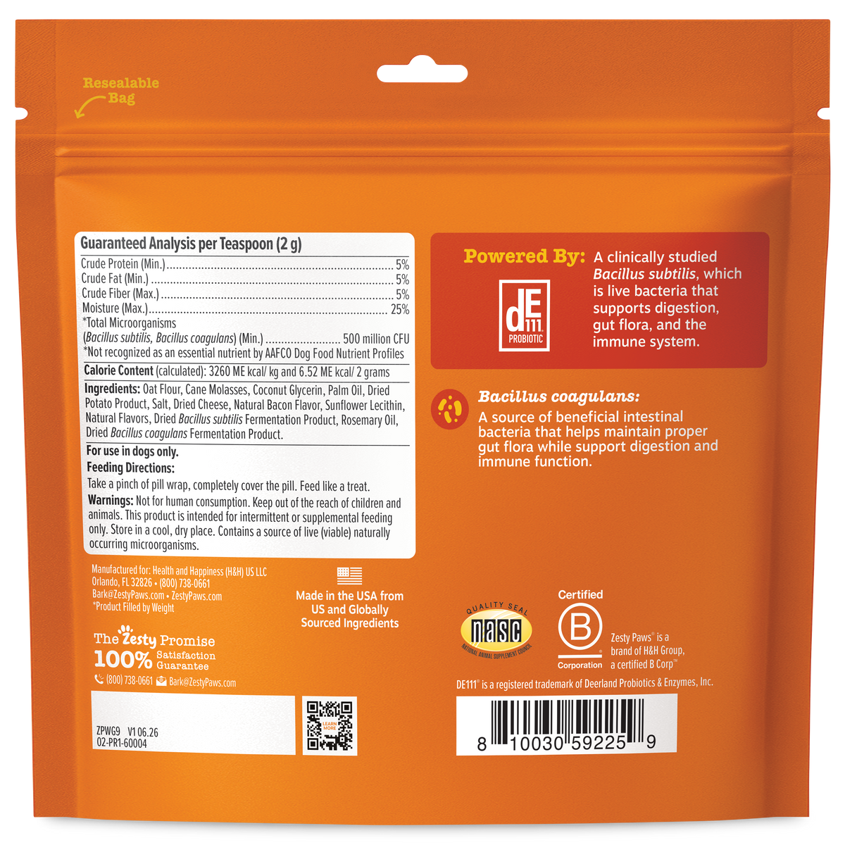 Orange resealable bag of probiotic paste for dogs with nutritional information and ingredient details printed on front.