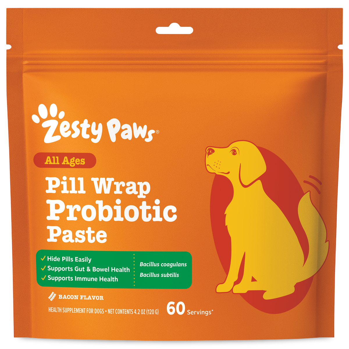 Orange Zesty Paws Pill Wrap Probiotic Paste pouch with yellow dog illustration and green benefits panel.
