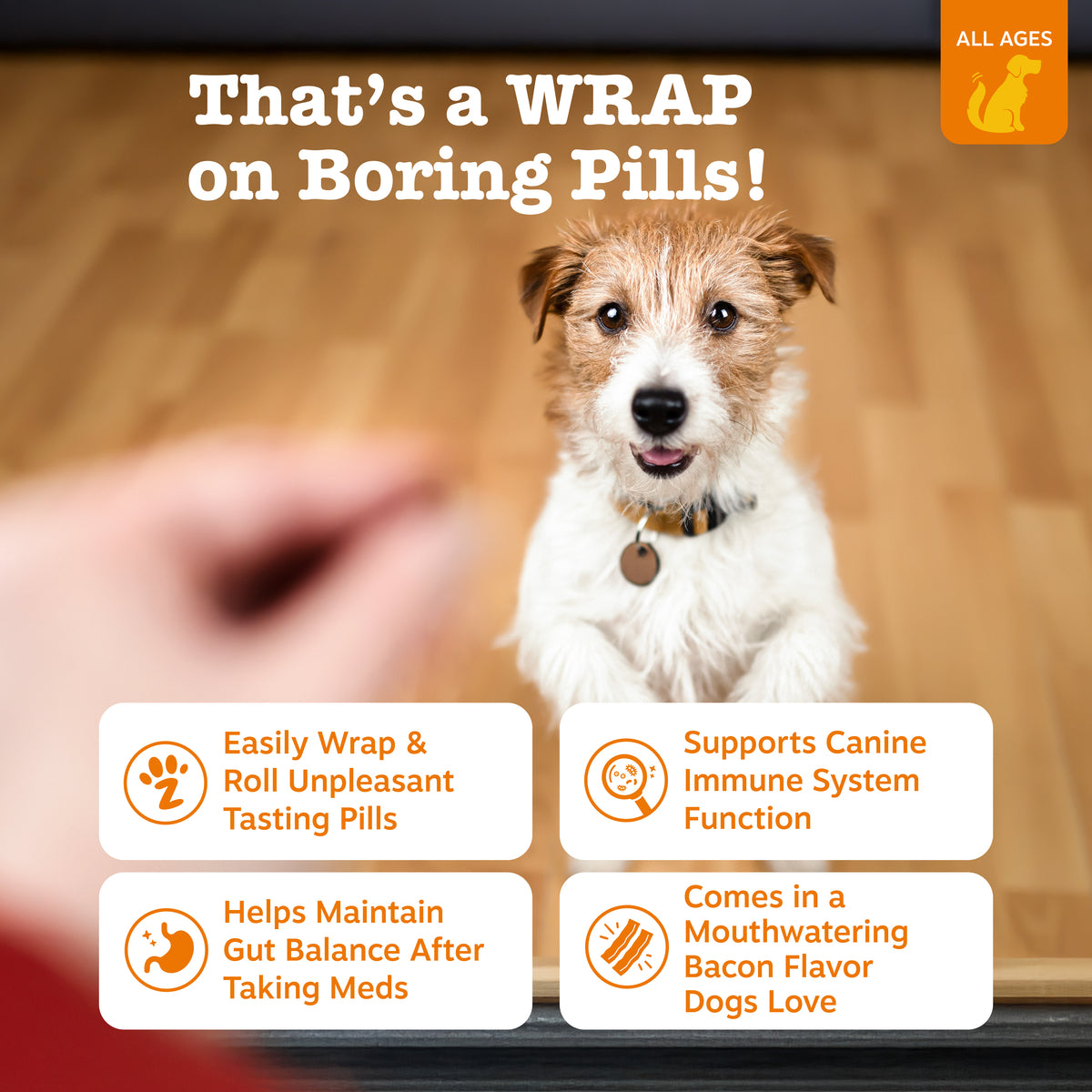 Brown and white dog with pill wrap product information boxes showing benefits and features on wooden background.