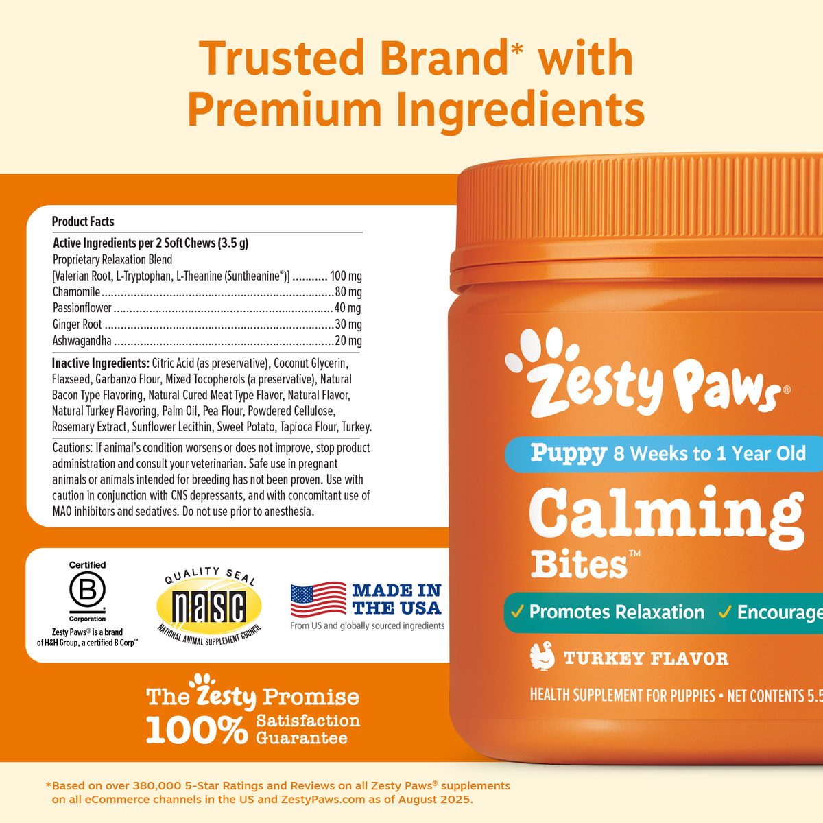 Orange Zesty Paws Calming Bites bottle with product facts label and turkey flavor designation for puppies 8 weeks to 1 year o