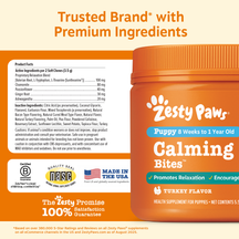 Orange Zesty Paws Calming Bites bottle with product facts label and turkey flavor designation for puppies 8 weeks to 1 year o