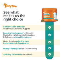 Orange Zesty Paws container of Calming Bites for puppies with product information and checkmarks displayed on teal background