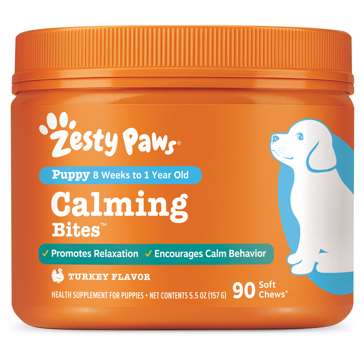 Orange plastic container of Zesty Paws Calming Bites for puppies with white and blue labeling and illustration of a white and