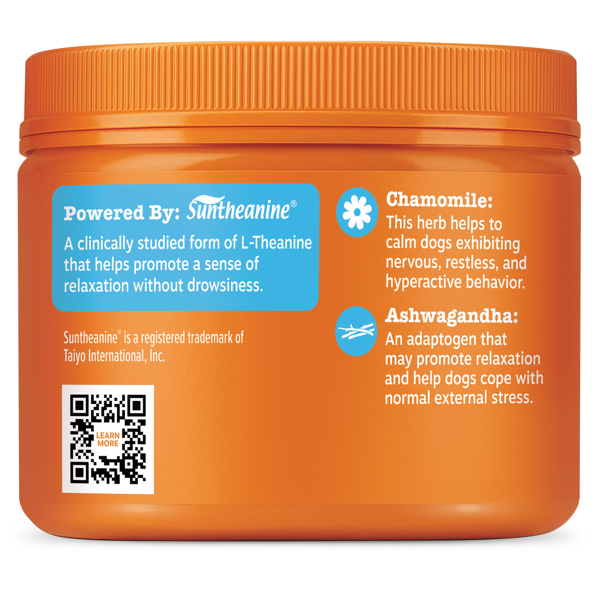 Orange jar of puppy supplement with blue label sections listing Suntheanine, Chamomile, and Ashwagandha ingredients.