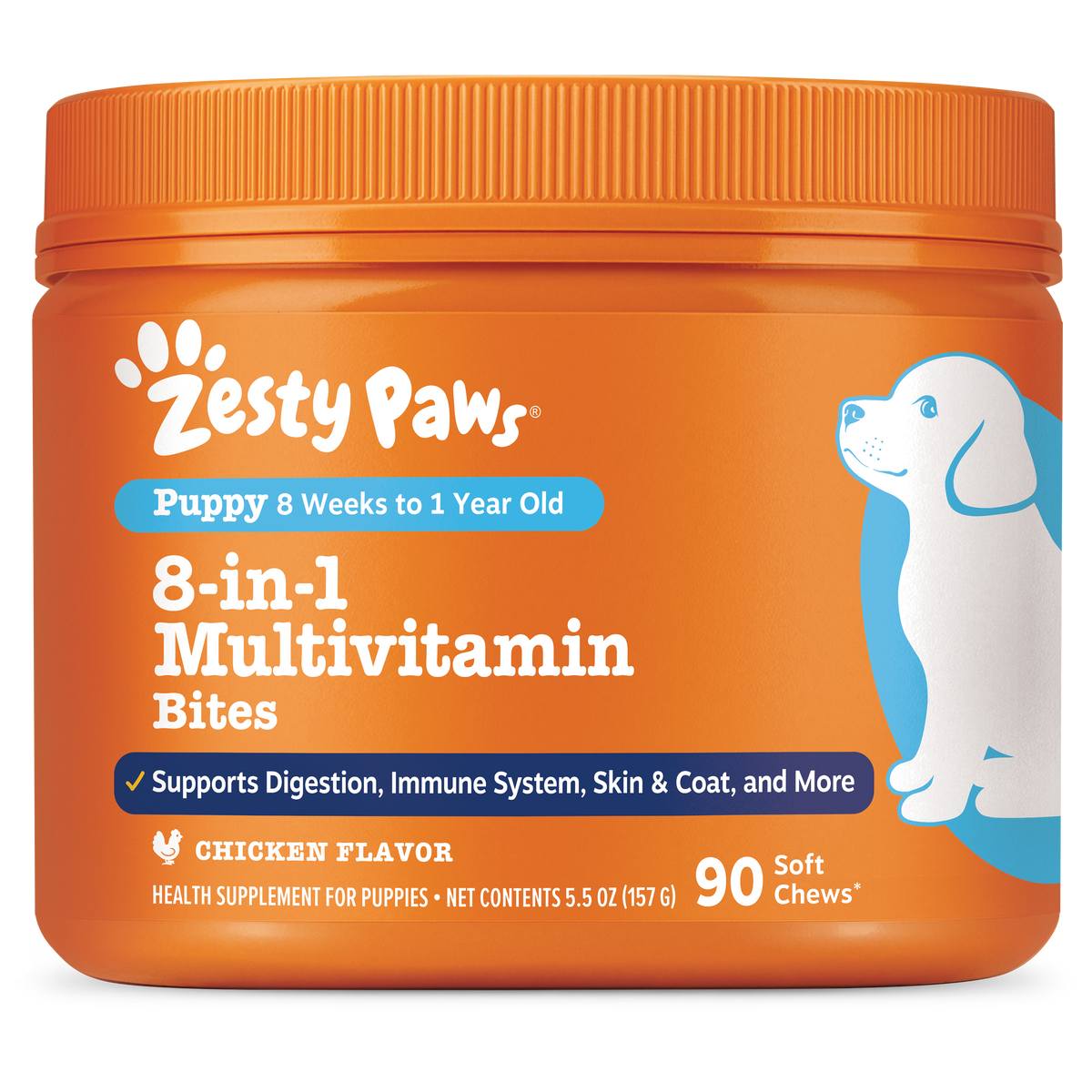 Orange jar of Zesty Paws 8-in-1 Multivitamin Bites for puppies with white paw logo and puppy illustration.