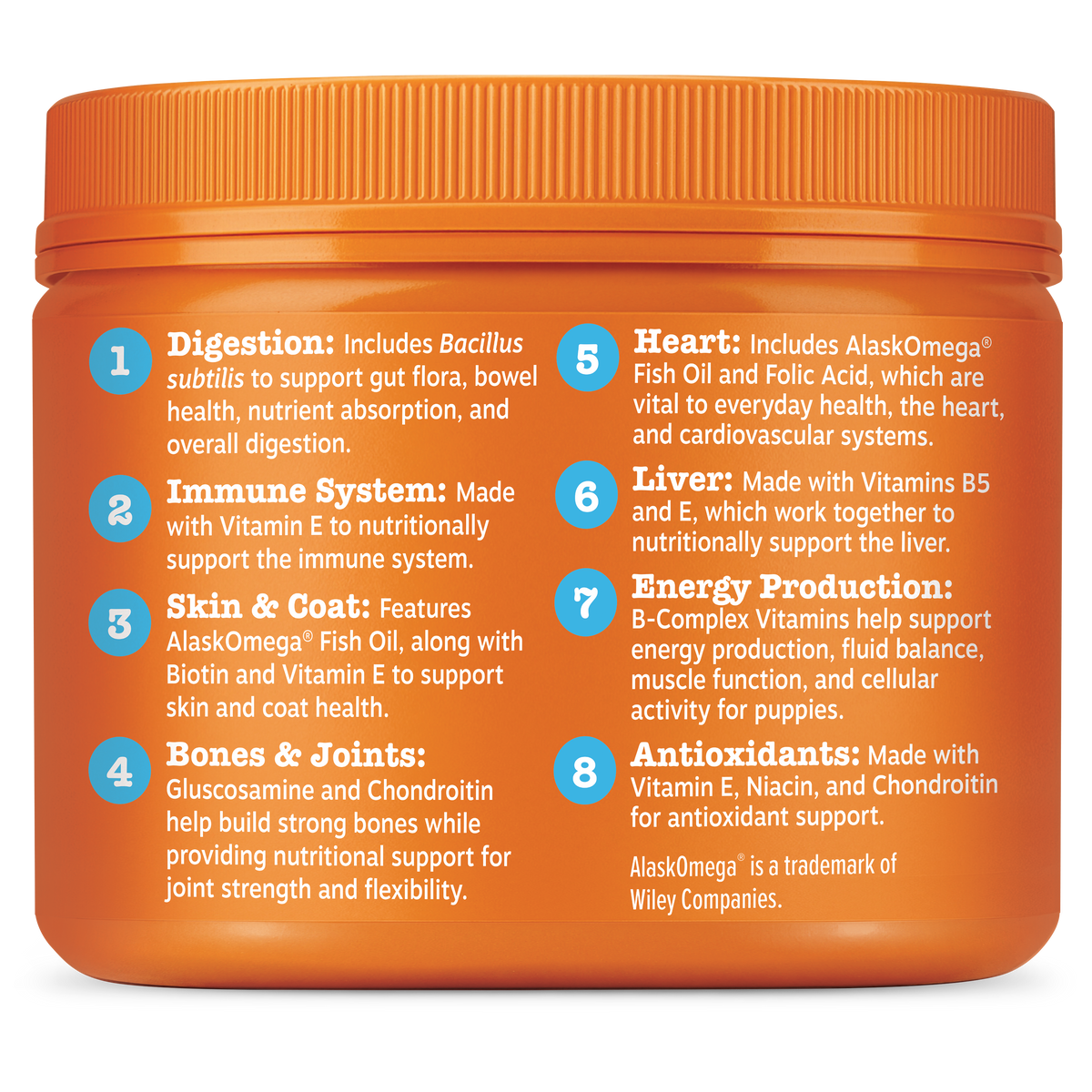 Orange jar with blue numbered circles listing eight puppy supplement benefits including digestion, immune system, skin and co