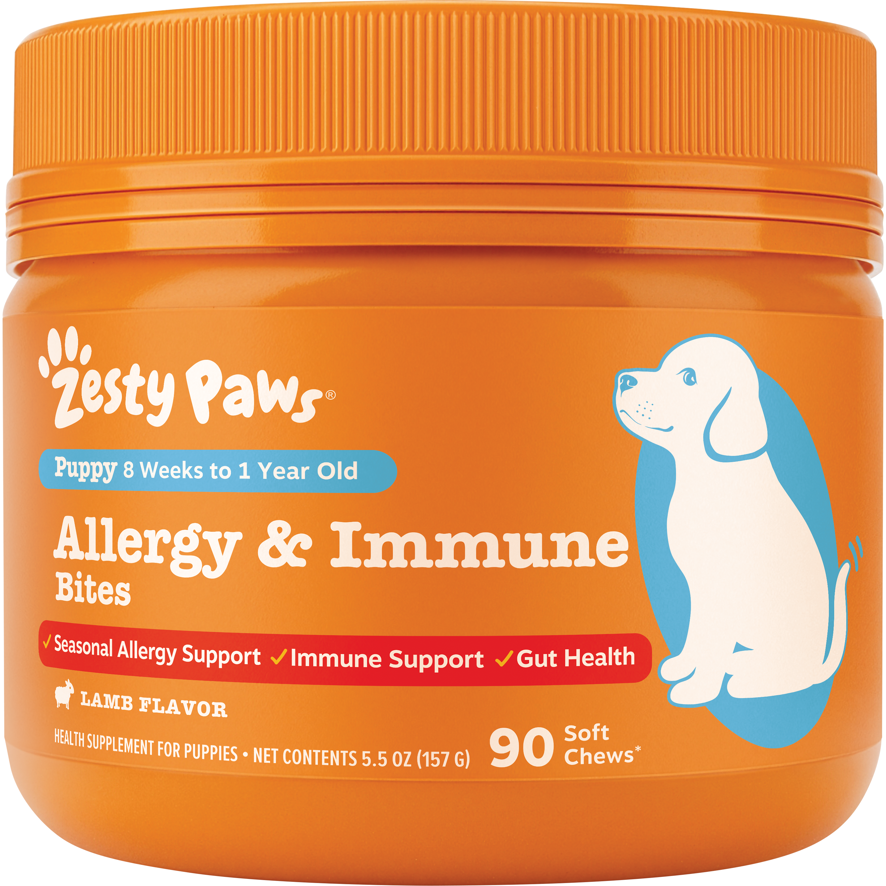 Orange jar of Zesty Paws puppy allergy and immune bites with blue illustration of a dog and orange ribbed cap.