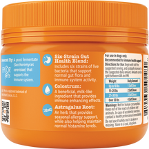 Orange jar of puppy allergy and immune support chews with blue icons and white text detailing ingredients and dosage informat