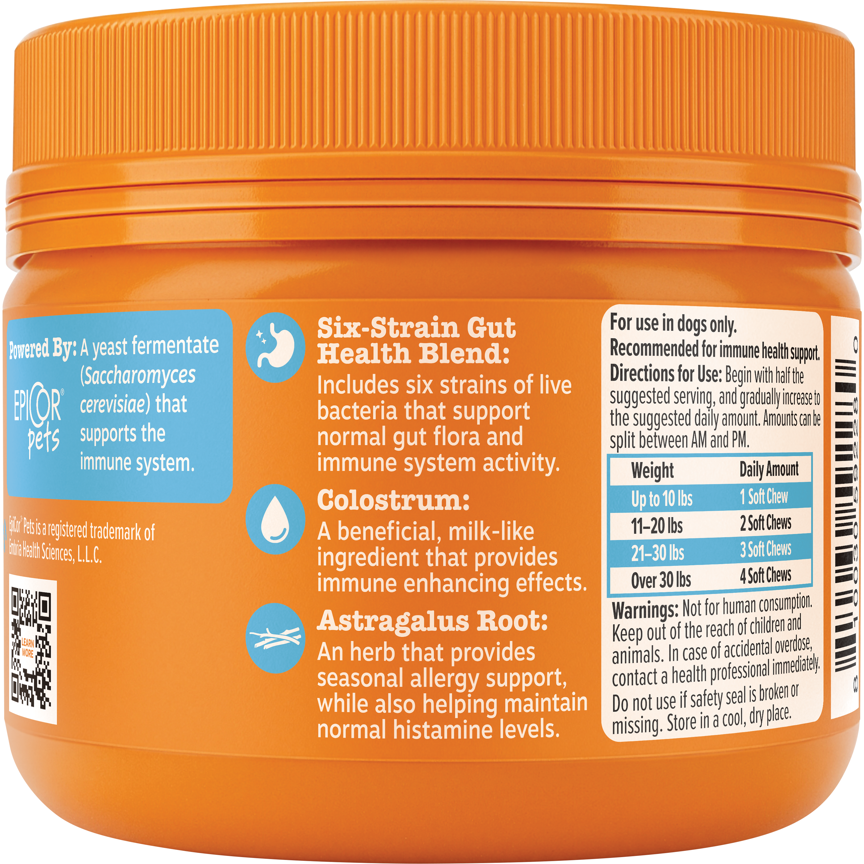 Orange jar of puppy allergy and immune support chews with blue icons and white text detailing ingredients and dosage informat