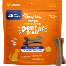 Orange package containing 28 small brown dental bones for dogs, with two individual bones displayed beside the bag.