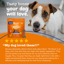 Small brown and white dog with orange dental bone treat package containing 28 small bones displayed on orange surface.