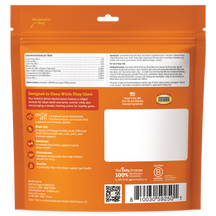 Orange resealable bag of small dental bones for dogs with nutritional information, ingredient list, and product features disp