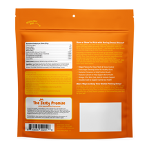 Orange resealable bag of dental bones for medium dogs with product information, ingredients, and benefits printed on back.