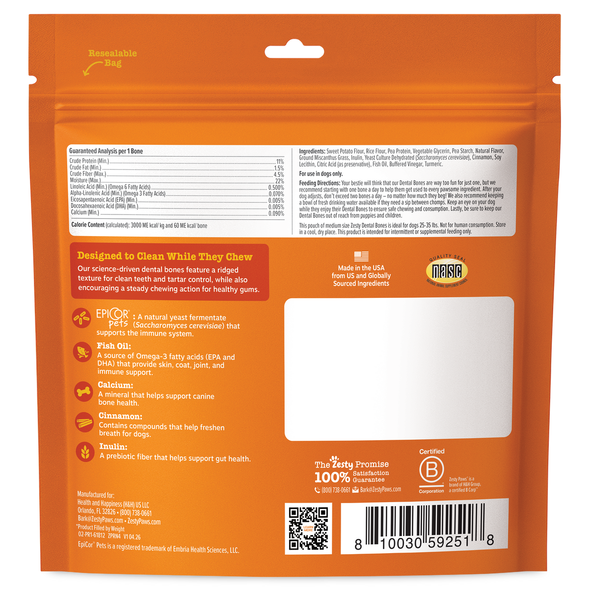 Orange resealable bag of Dental Bones for medium dogs with nutritional information, ingredient details, and product features 