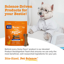Orange Zesty Paws dental bones package for large dogs, displaying eight brown bone-shaped treats next to product packaging.