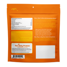 Orange resealable bag of large dog dental bones with nutrition facts, product benefits, and satisfaction guarantee informatio