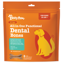 Tan-colored dental bone treat with cinnamon flavor in orange Zesty Paws packaging labeled for large dogs 35 lbs and up.