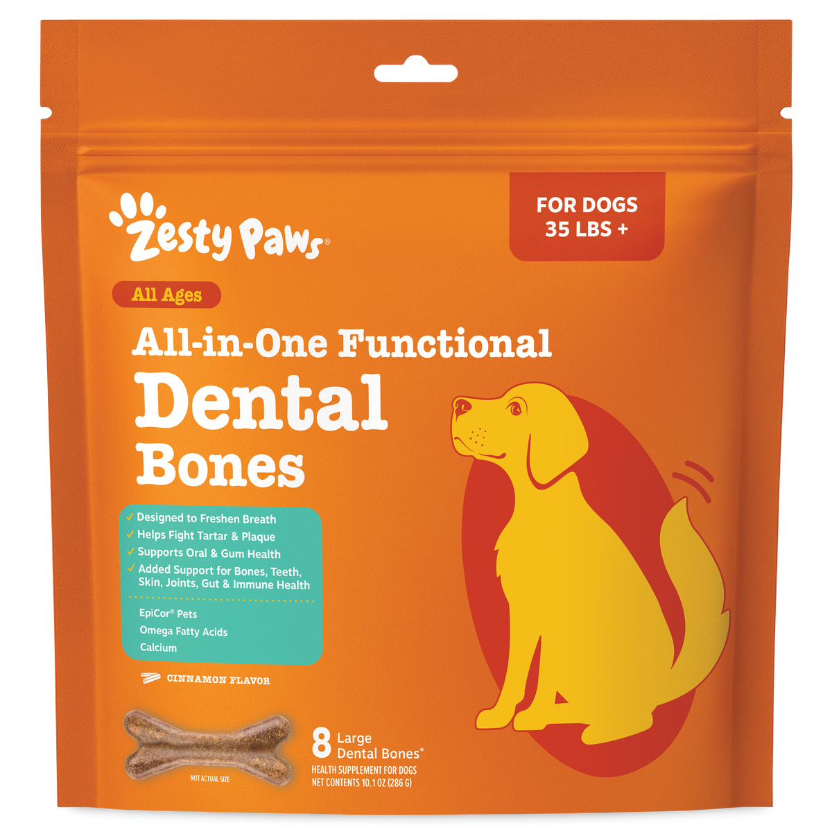 Tan-colored dental bone treat with cinnamon flavor in orange Zesty Paws packaging labeled for large dogs 35 lbs and up.