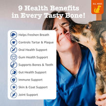 Brown and tan dog licking woman's face while text lists dental bone health benefits.
