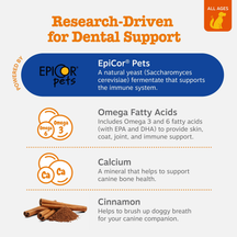 Infographic listing ingredients for large dog dental bones including EpiCor Pets, Omega fatty acids, calcium, and cinnamon.