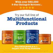 Four bottles of Zesty Paws 8-in-1 multivitamin bites for dogs in orange, green, blue, and orange containers.