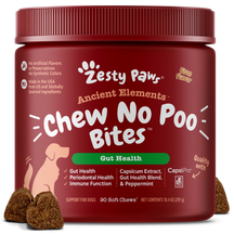 Red jar of Zesty Paws Ancient Elements Chew No Poo Bites with brown soft chew treats displayed in front.