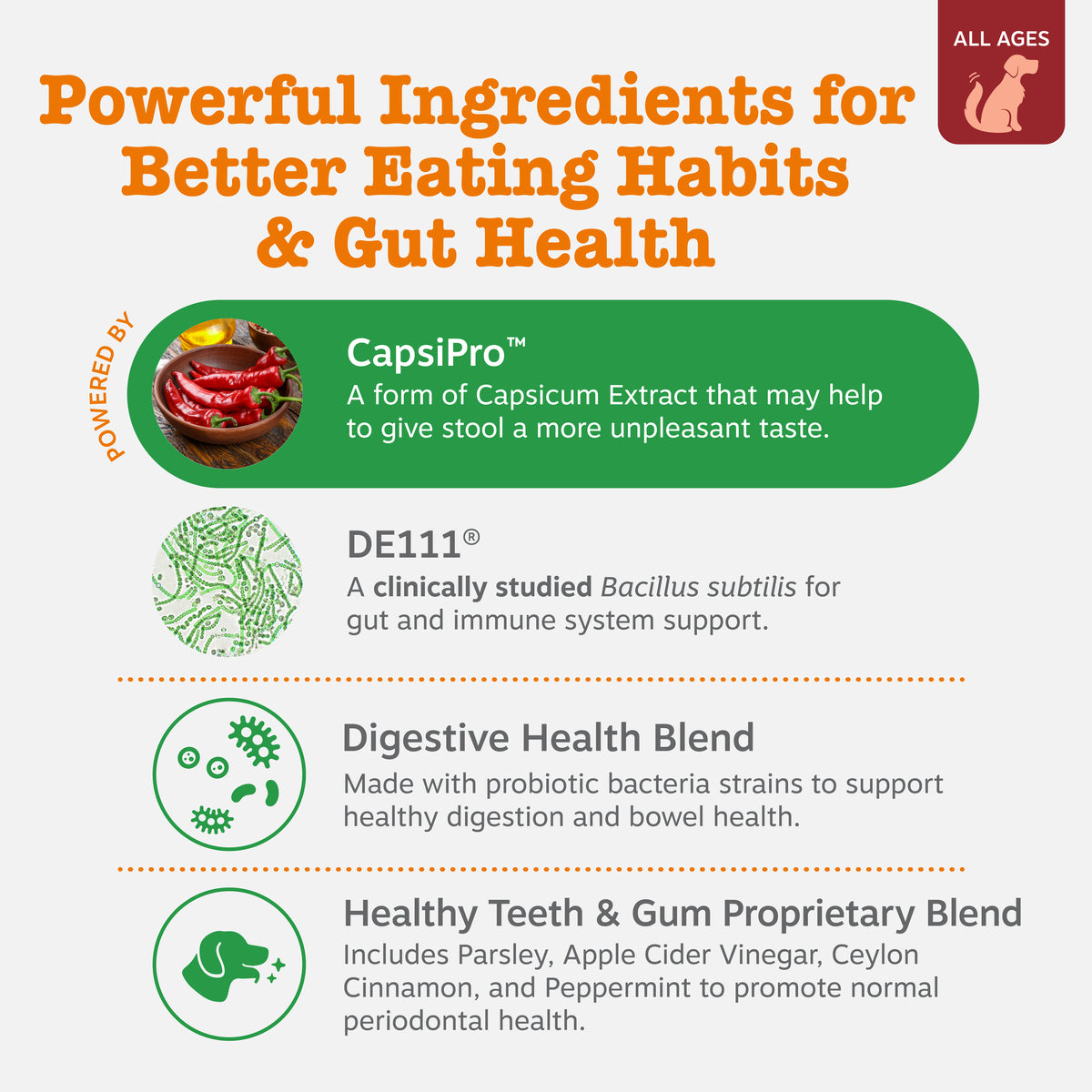 Dog chew treats with capsicum extract, Bacillus subtilis, probiotics, and herbs for digestive and dental health.