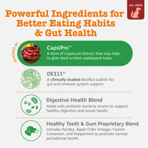 Dog chew treats with capsicum extract, Bacillus subtilis, probiotics, and herbs for digestive and dental health.