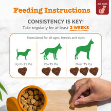 Feeding instructions chart with dosage guidance by dog size, orange bowl with treats, and hand holding a single bite.