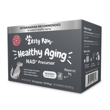 Zesty Paw Healthy Aging NAD+ Precursor supplement box for dogs containing 60 capsules and pill wrap applicator.