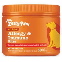 Orange jar of Zesty Paws Allergy & Immune Bites for dogs in lamb flavor, containing 50 soft chews.