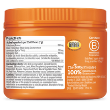Orange jar of Allergy & Immune Bites for Dogs with product facts label and B Corporation certification seal.