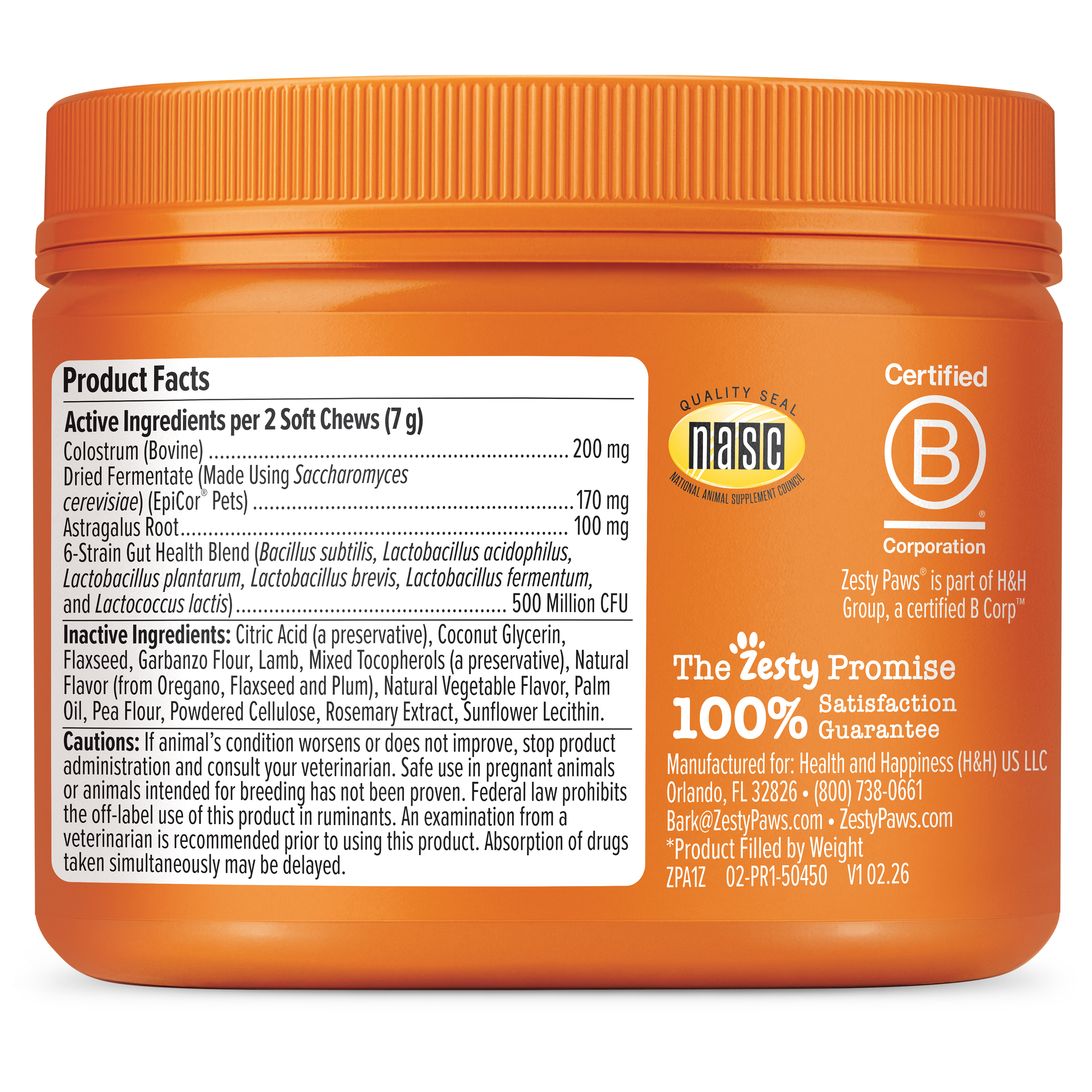 Orange jar of Allergy & Immune Bites for Dogs with product facts label and B Corporation certification seal.
