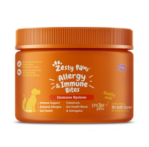 Orange jar of Zesty Paw Allergy & Immune Bites on a white background