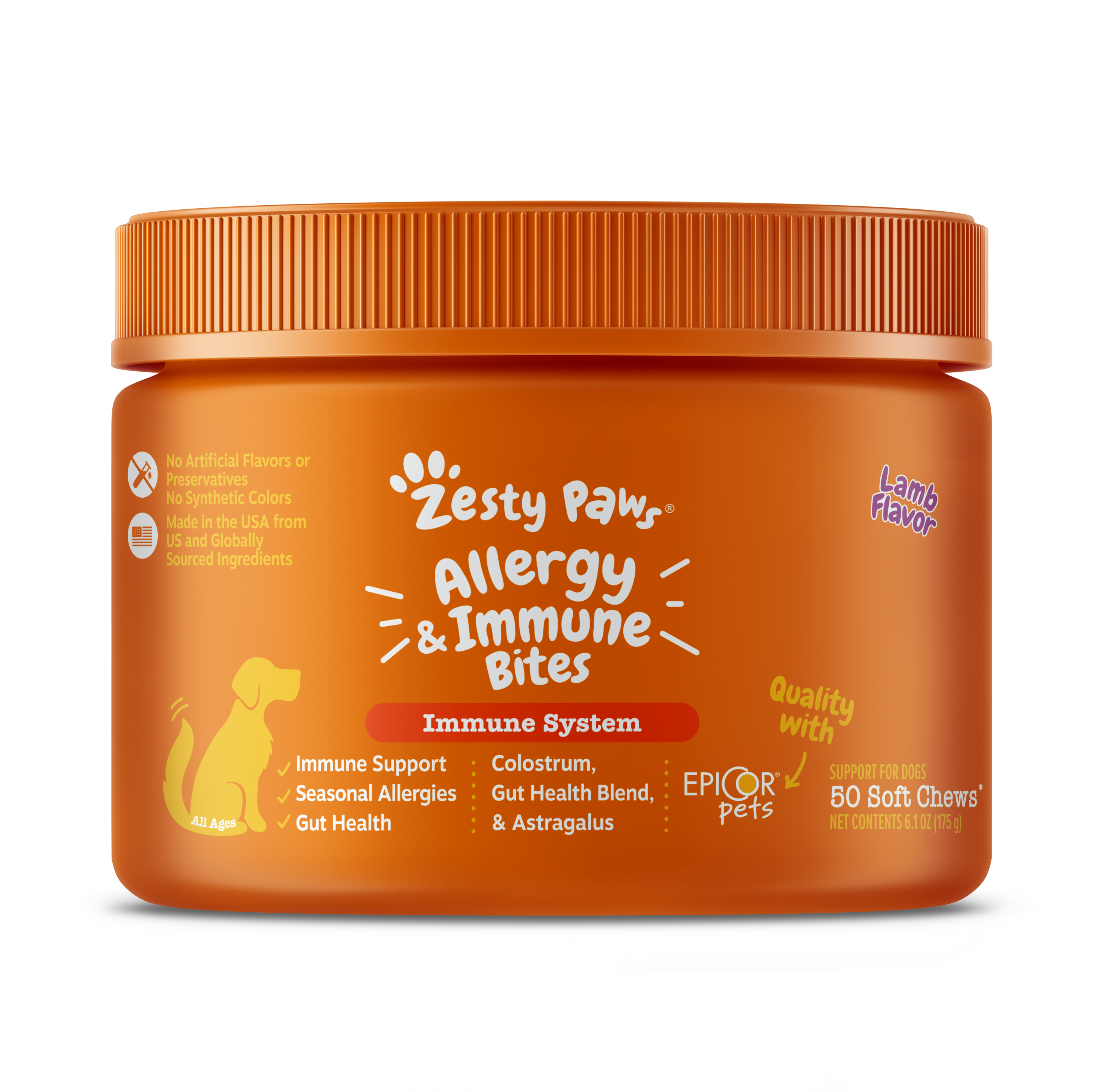 Orange jar of Zesty Paw Allergy & Immune Bites on a white background