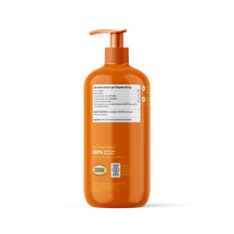 Orange pump bottle of fish oil supplement with nutrition label and ingredient information visible on white background.